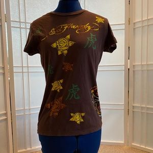 Ed Hardy ⭐️ brown T with yellow designs
